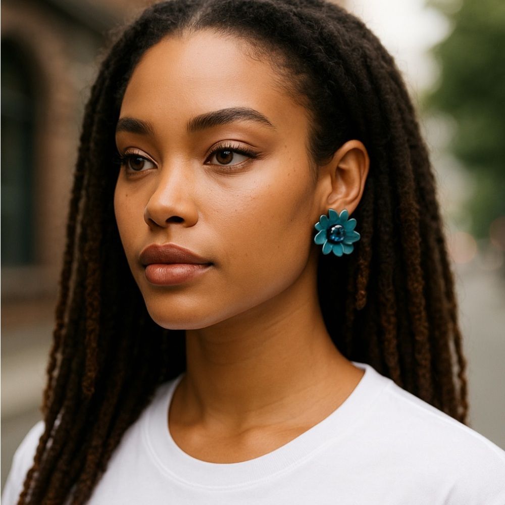 Vintage Coro Blue Enamel Flower Clip-On Earrings with Rhinestone Centers